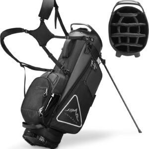 14-Way Golf Stand Bag, Full Length Premium PU Leather Golf Bag with Plush Top, Magnetic Pocket, Dual Strap and Rain Cover for Men