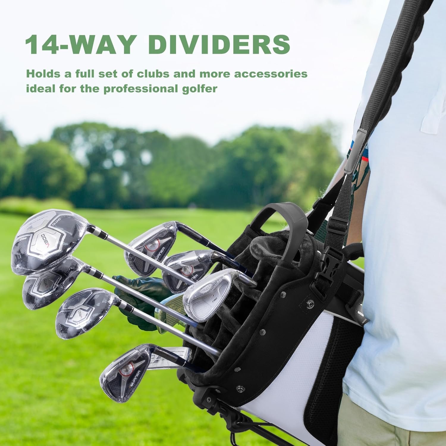 14-Way Golf Stand Bag,Premium Lightweight Golf Bag with Full-Length Dividers, Interchangeable PE-Padded Straps & Stabilizing Kickstand - Plush-Lined Top with Waterproof Cover 2 14-Way Golf Stand Bag,Premium Lightweight Golf Bag with Full-Length Dividers, Interchangeable PE-Padded Straps & Stabilizing Kickstand - Plush-Lined Top with Waterproof Cover - Image 2