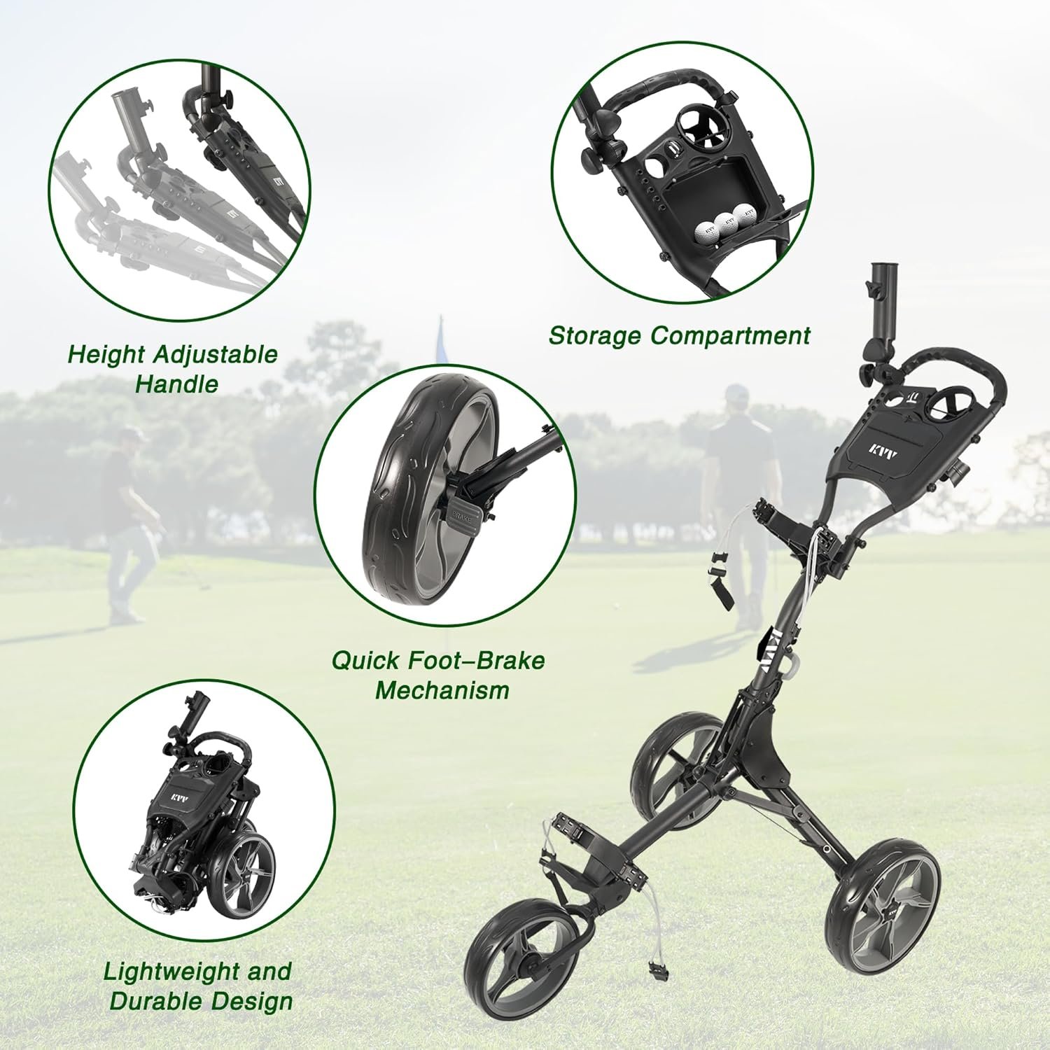 KVV 3 Wheel Golf Push Cart Ultra Lightweight Smallest Folding Size, New-Version Scorecard Holder 4 KVV 3 Wheel Golf Push Cart Ultra Lightweight Smallest Folding Size, New-Version Scorecard Holder - Image 4
