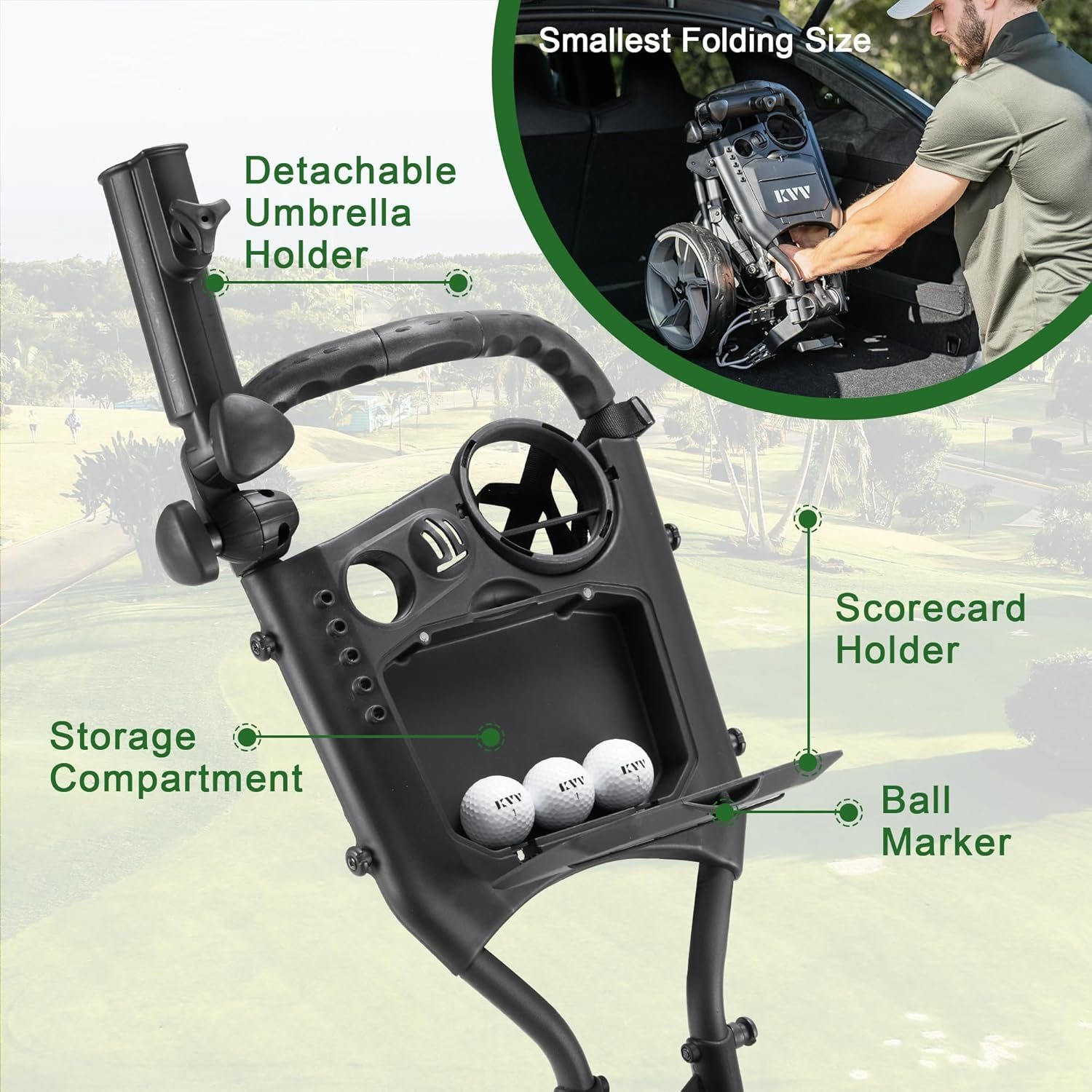 KVV 3 Wheel Golf Push Cart Ultra Lightweight Smallest Folding Size, New-Version Scorecard Holder 6 KVV 3 Wheel Golf Push Cart Ultra Lightweight Smallest Folding Size, New-Version Scorecard Holder - Image 6