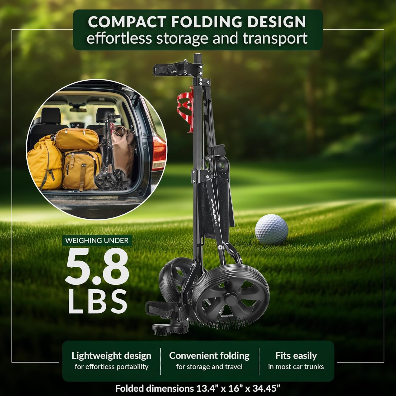 CaddyTek Deluxe Lightweight 2-Wheel Golf Pull Cart – Foldable Compact Trolley with Aluminum Frame, EVA Wheels, Mesh Storage, Ergonomic Handle & Drink Holder 3 CaddyTek Deluxe Lightweight 2-Wheel Golf Pull Cart – Foldable Compact Trolley with Aluminum Frame, EVA Wheels, Mesh Storage, Ergonomic Handle & Drink Holder - Image 3