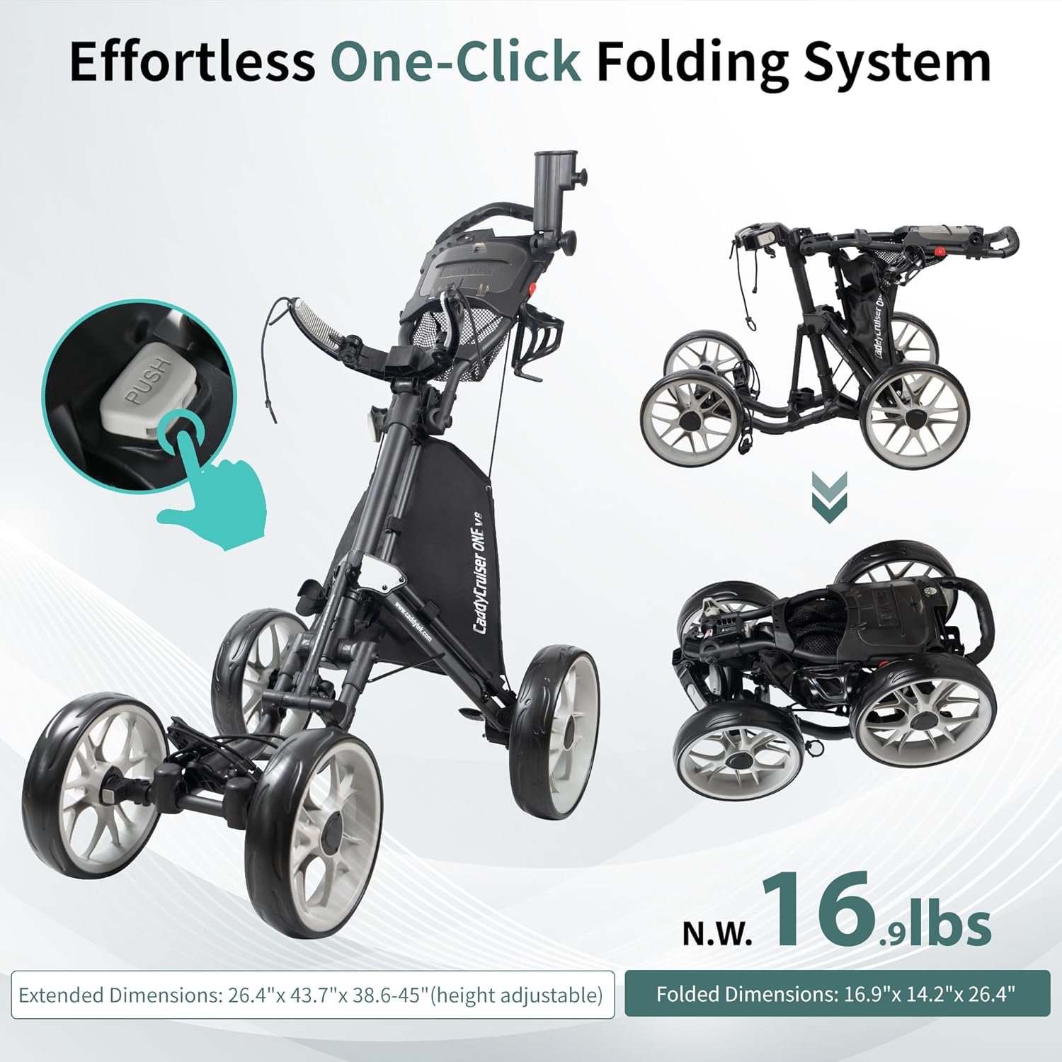 CaddyTek 4 Wheel Golf Push Cart - Caddycruiser One Version 8 1-Click Folding Trolley - Lightweight, Compact Pull Caddy Cart, Easy to Open 5 CaddyTek 4 Wheel Golf Push Cart - Caddycruiser One Version 8 1-Click Folding Trolley - Lightweight, Compact Pull Caddy Cart, Easy to Open - Image 5
