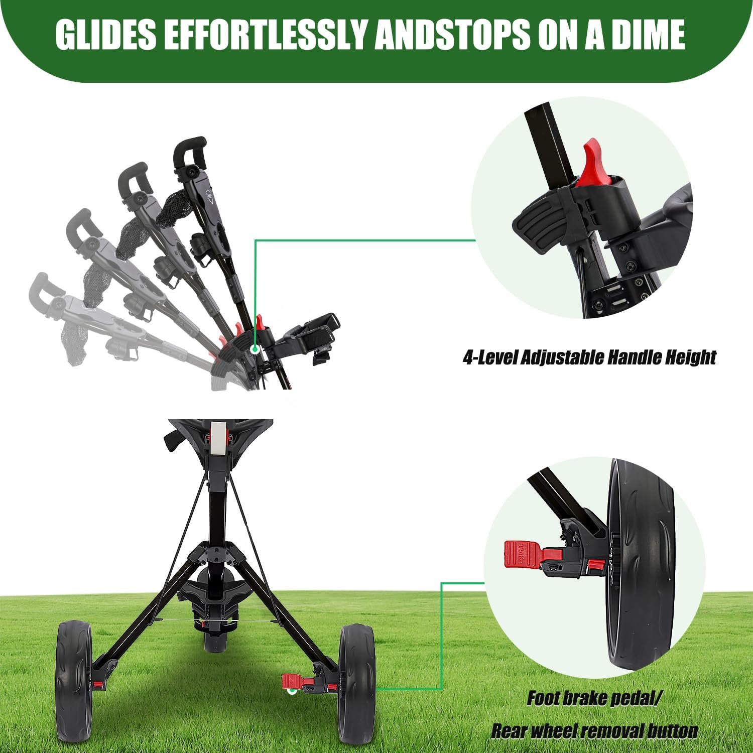 Golf Cart Series: 3-Wheel Folding Push Carts in Black, White, Green, and Red. Lightweight with Cup Holders, scorecard Holders, and Storage, Perfect for Golf Clubs and Bags. 3 Golf Cart Series: 3-Wheel Folding Push Carts in Black, White, Green, and Red. Lightweight with Cup Holders, scorecard Holders, and Storage, Perfect for Golf Clubs and Bags. - Image 3