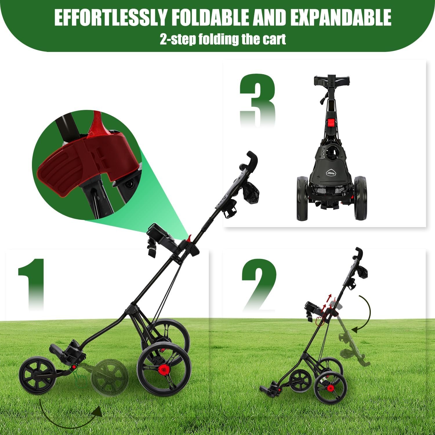 Golf Cart Series: 3-Wheel Folding Push Carts in Black, White, Green, and Red. Lightweight with Cup Holders, scorecard Holders, and Storage, Perfect for Golf Clubs and Bags. 4 Golf Cart Series: 3-Wheel Folding Push Carts in Black, White, Green, and Red. Lightweight with Cup Holders, scorecard Holders, and Storage, Perfect for Golf Clubs and Bags. - Image 4