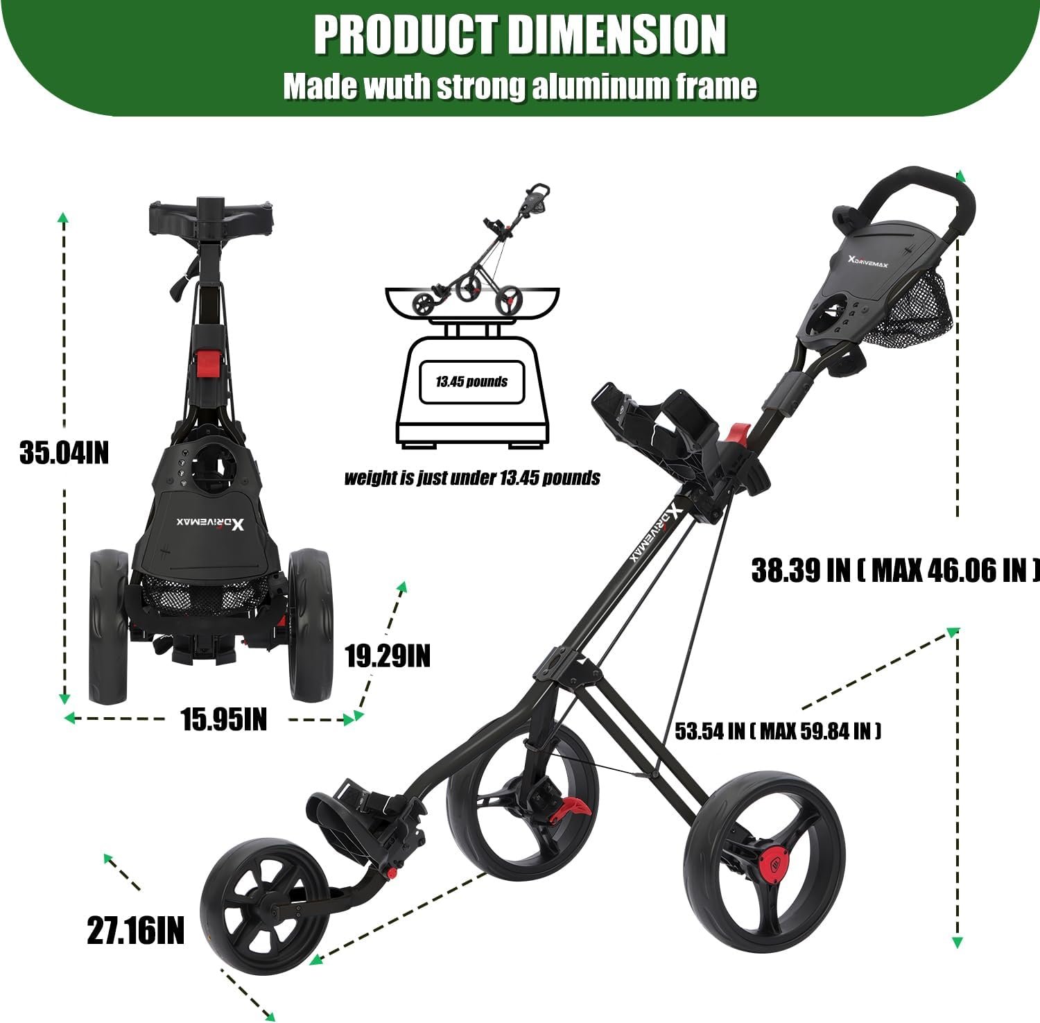 Golf Cart Series: 3-Wheel Folding Push Carts in Black, White, Green, and Red. Lightweight with Cup Holders, scorecard Holders, and Storage, Perfect for Golf Clubs and Bags. 5 Golf Cart Series: 3-Wheel Folding Push Carts in Black, White, Green, and Red. Lightweight with Cup Holders, scorecard Holders, and Storage, Perfect for Golf Clubs and Bags. - Image 5