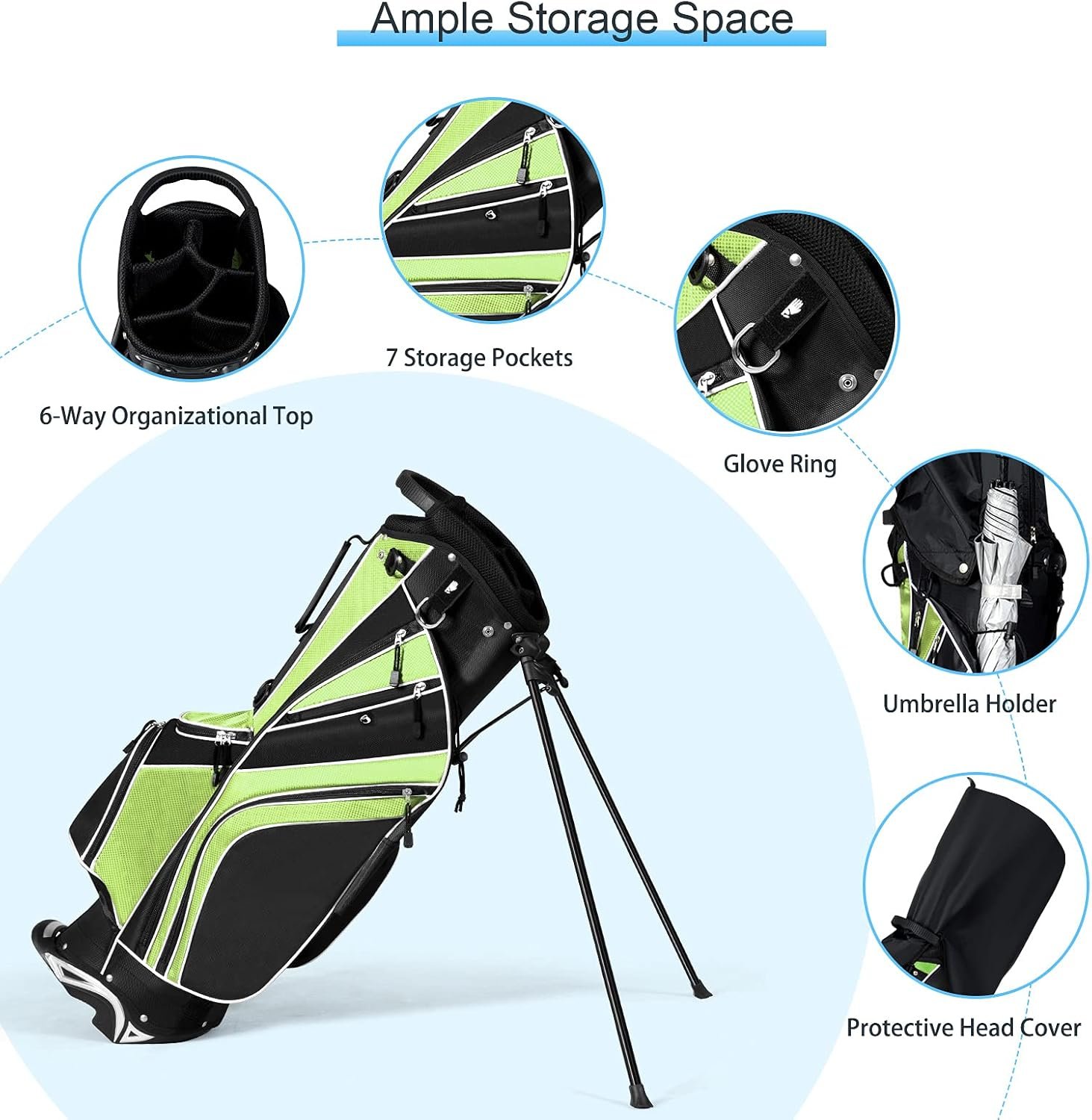 Tangkula Golf Stand Bag with 6 Way Top Dividers, Lightweight Golf Bag with Adjustable Dual Strap & 8 Pockets, Waterproof Rain Hood, Portable for Men Women 7 Tangkula Golf Stand Bag with 6 Way Top Dividers, Lightweight Golf Bag with Adjustable Dual Strap & 8 Pockets, Waterproof Rain Hood, Portable for Men Women - Image 7