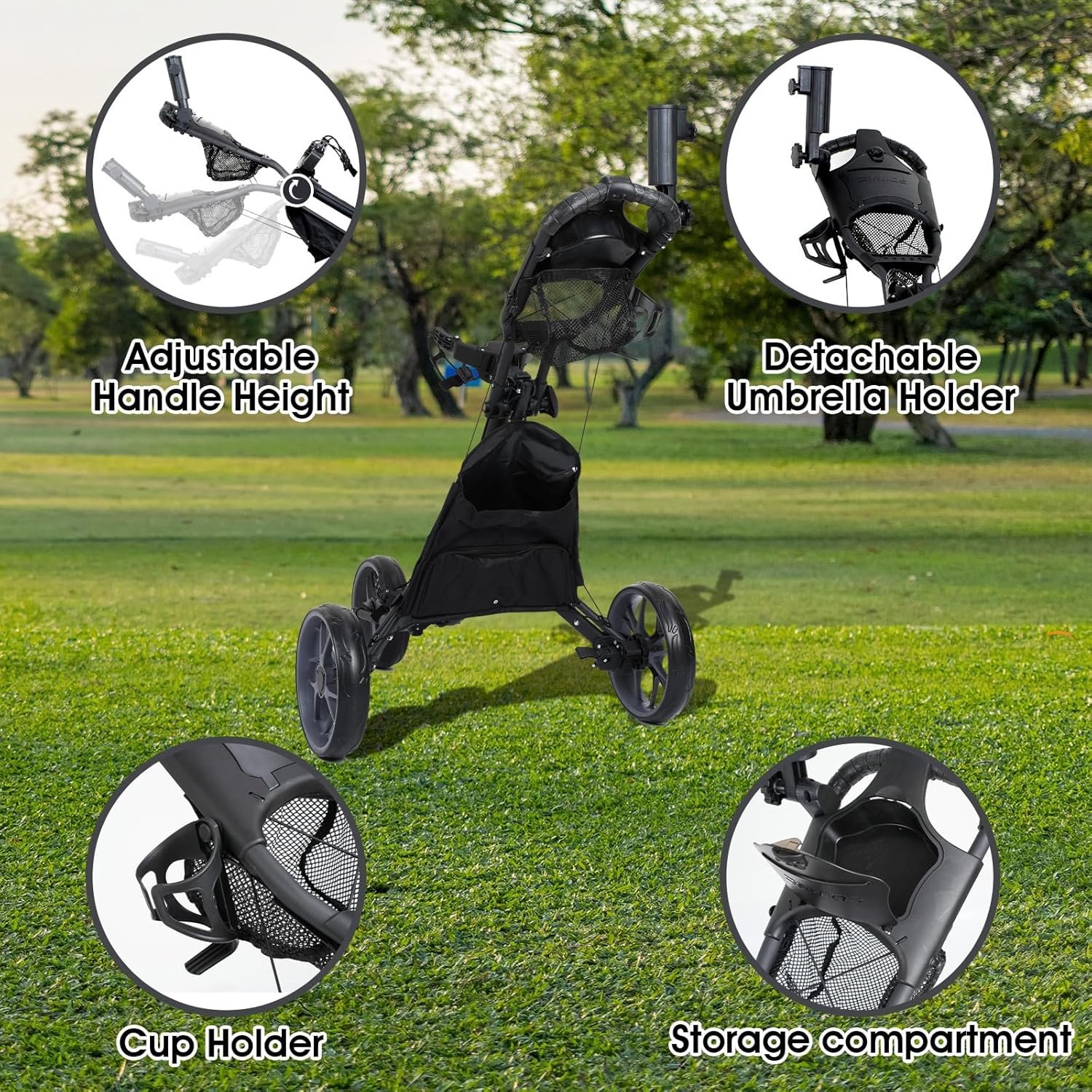 DRUIDS 3 Wheel Golf Push Cart : Lightweight Compact Golf Walking Cart with Cooler, Flat Fold Golf Trolley with Brake, Pull Behind Manual Golf Caddy with Cup Umbrella Holder 4 DRUIDS 3 Wheel Golf Push Cart : Lightweight Compact Golf Walking Cart with Cooler, Flat Fold Golf Trolley with Brake, Pull Behind Manual Golf Caddy with Cup Umbrella Holder - Image 4