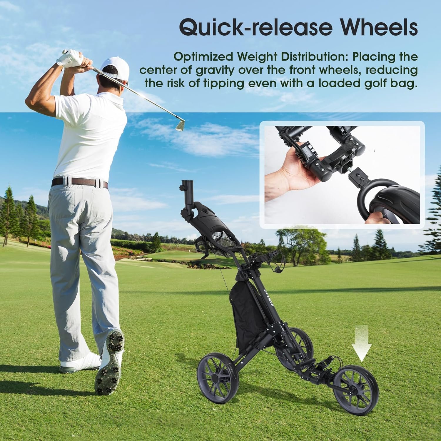 DRUIDS 3 Wheel Golf Push Cart : Lightweight Compact Golf Walking Cart with Cooler, Flat Fold Golf Trolley with Brake, Pull Behind Manual Golf Caddy with Cup Umbrella Holder 6 DRUIDS 3 Wheel Golf Push Cart : Lightweight Compact Golf Walking Cart with Cooler, Flat Fold Golf Trolley with Brake, Pull Behind Manual Golf Caddy with Cup Umbrella Holder - Image 6