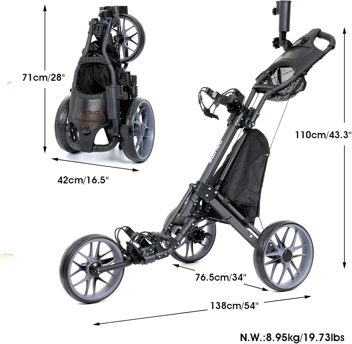 DRUIDS 3 Wheel Golf Push Cart : Lightweight Compact Golf Walking Cart with Cooler, Flat Fold Golf Trolley with Brake, Pull Behind Manual Golf Caddy with Cup Umbrella Holder 7 DRUIDS 3 Wheel Golf Push Cart : Lightweight Compact Golf Walking Cart with Cooler, Flat Fold Golf Trolley with Brake, Pull Behind Manual Golf Caddy with Cup Umbrella Holder - Image 7