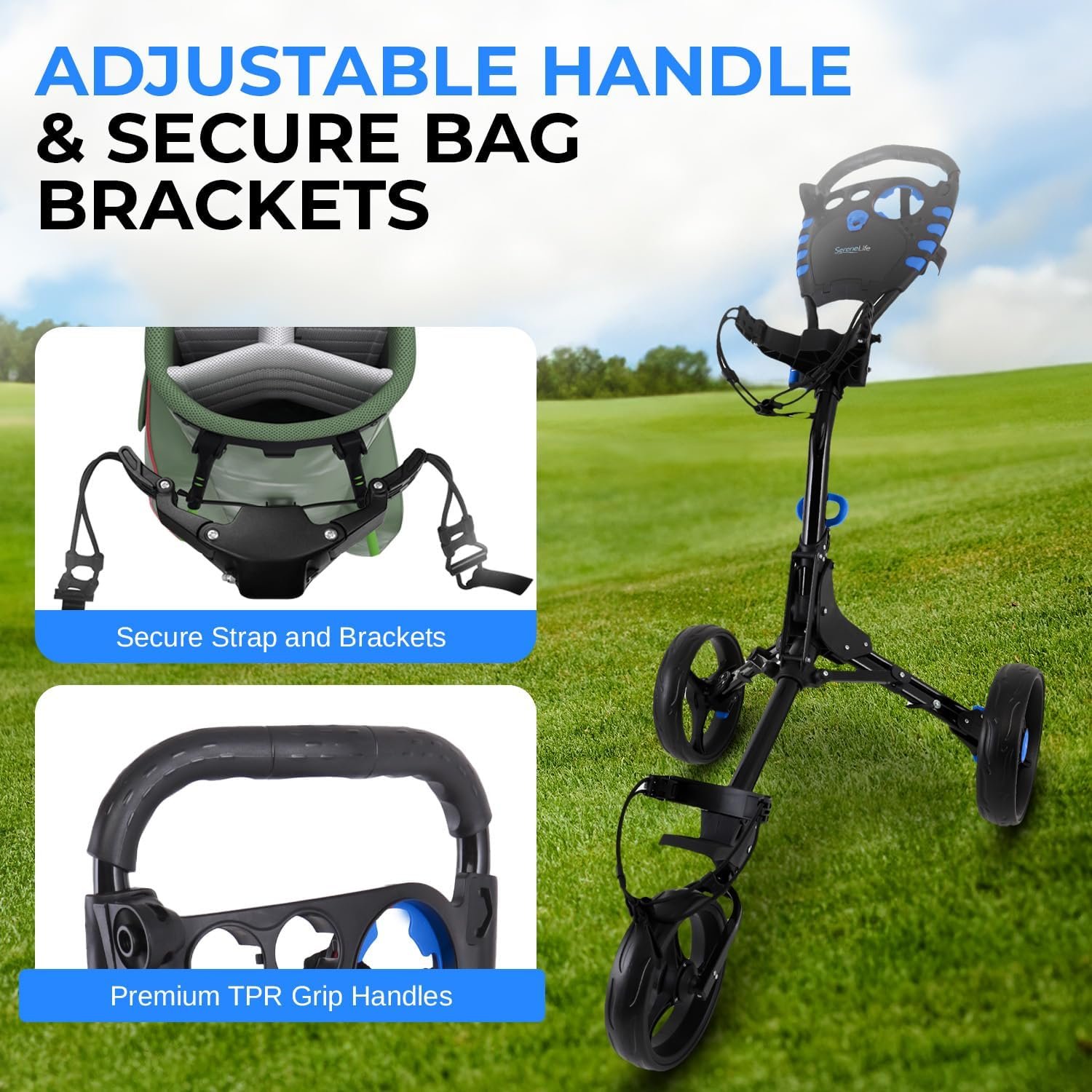 SereneLife 3 Wheel Golf Push Pull Cart – Lightweight, Foldable, Bag Holder with Adjustable Handle, Caddy Accessories, Compact Folding Golf Trolley for Travel 3 SereneLife 3 Wheel Golf Push Pull Cart – Lightweight, Foldable, Bag Holder with Adjustable Handle, Caddy Accessories, Compact Folding Golf Trolley for Travel - Image 3