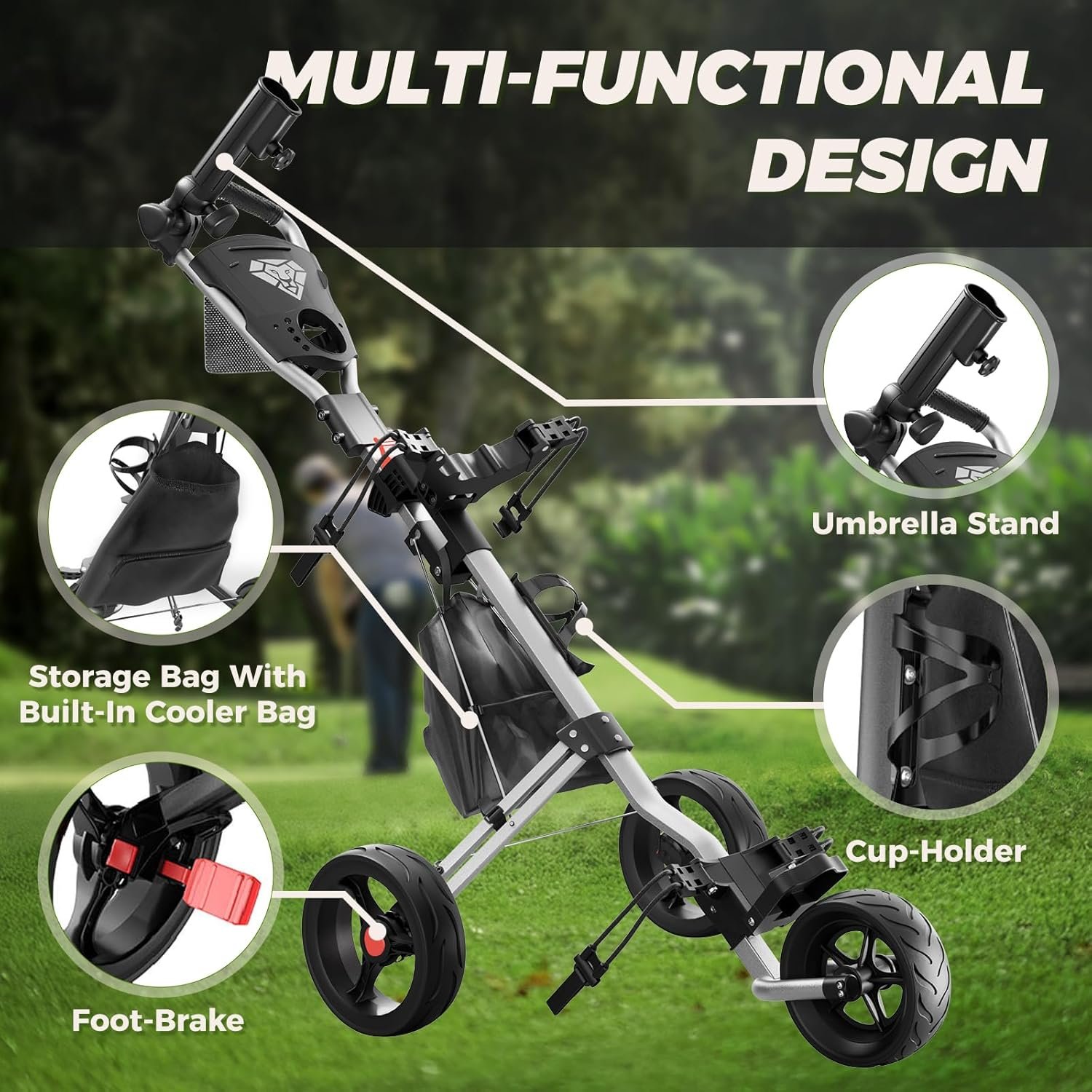 Golf Push Cart 3 Wheel, Golf Cart Foldable, Multiple Functions Golf Bag Cart for All Ages with Adjustable Handle - Lightweight & Easy Fold Design for Easy Transportation - 12lbs 6 Golf Push Cart 3 Wheel, Golf Cart Foldable, Multiple Functions Golf Bag Cart for All Ages with Adjustable Handle - Lightweight & Easy Fold Design for Easy Transportation - 12lbs - Image 6