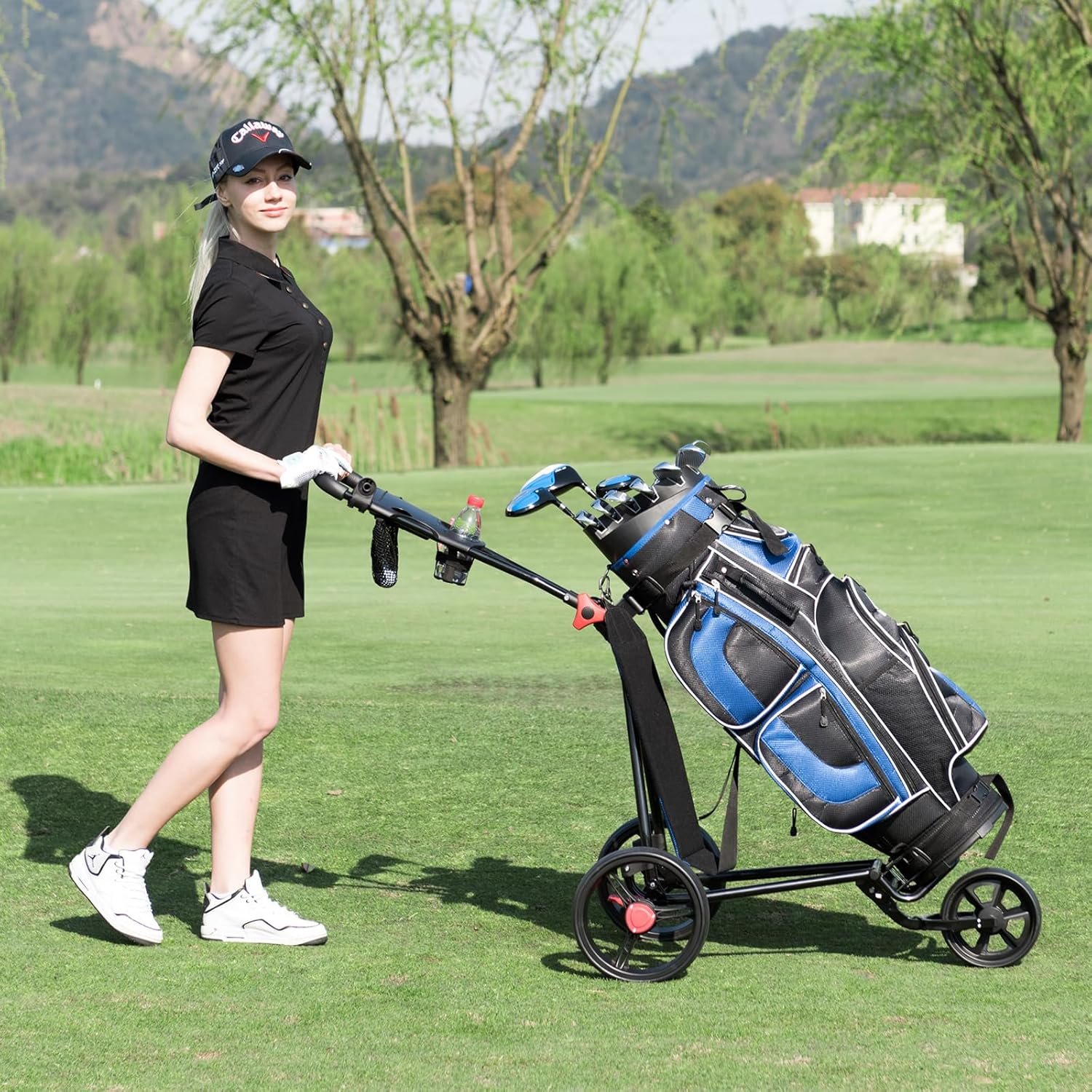 Tangkula Golf Push Cart, Lightweight Collapsible Golf Pull Cart, 3 Wheels Golf Trolley with Foot Brake Umbrella Holder & Cup Holder, Adjustable Handle and Storage Bag 3 Tangkula Golf Push Cart, Lightweight Collapsible Golf Pull Cart, 3 Wheels Golf Trolley with Foot Brake Umbrella Holder & Cup Holder, Adjustable Handle and Storage Bag - Image 3