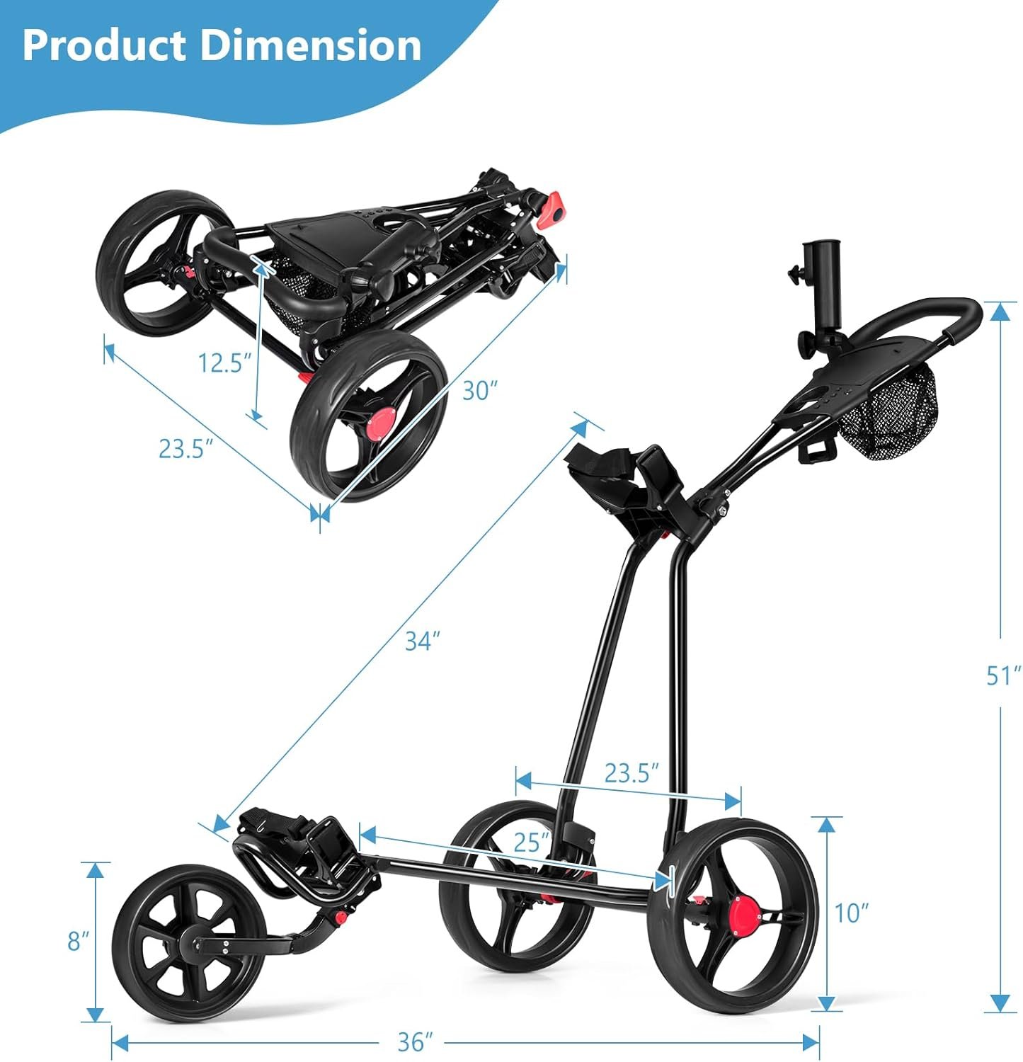 Tangkula Golf Push Cart, Lightweight Collapsible Golf Pull Cart, 3 Wheels Golf Trolley with Foot Brake Umbrella Holder & Cup Holder, Adjustable Handle and Storage Bag 4 Tangkula Golf Push Cart, Lightweight Collapsible Golf Pull Cart, 3 Wheels Golf Trolley with Foot Brake Umbrella Holder & Cup Holder, Adjustable Handle and Storage Bag - Image 4