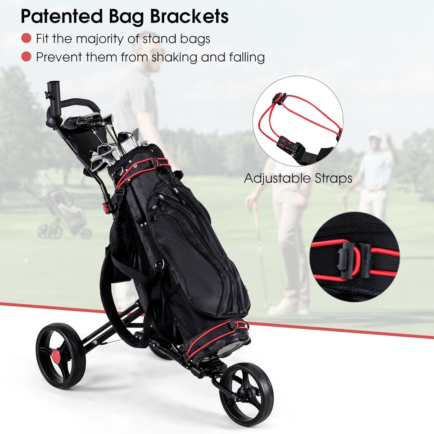 Tangkula Lightweight Aluminum Collapsible 3 Wheels Golf Push Cart with Elastic Strap, Umbrella & Cup Holder, Scoreboard Storage & Foot Brake 4 Tangkula Lightweight Aluminum Collapsible 3 Wheels Golf Push Cart with Elastic Strap, Umbrella & Cup Holder, Scoreboard Storage & Foot Brake - Image 4