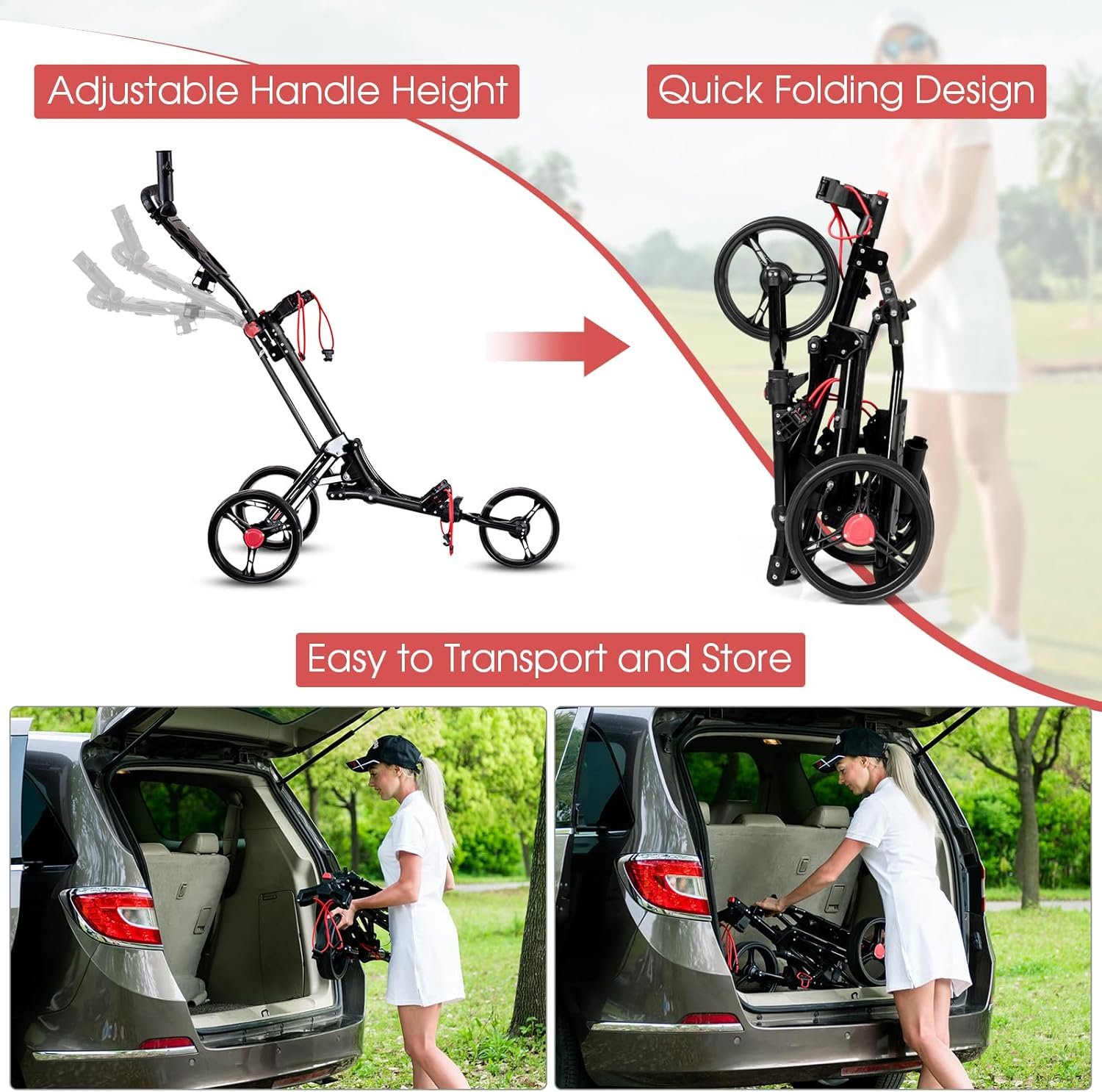 Tangkula Lightweight Aluminum Collapsible 3 Wheels Golf Push Cart with Elastic Strap, Umbrella & Cup Holder, Scoreboard Storage & Foot Brake 5 Tangkula Lightweight Aluminum Collapsible 3 Wheels Golf Push Cart with Elastic Strap, Umbrella & Cup Holder, Scoreboard Storage & Foot Brake - Image 5