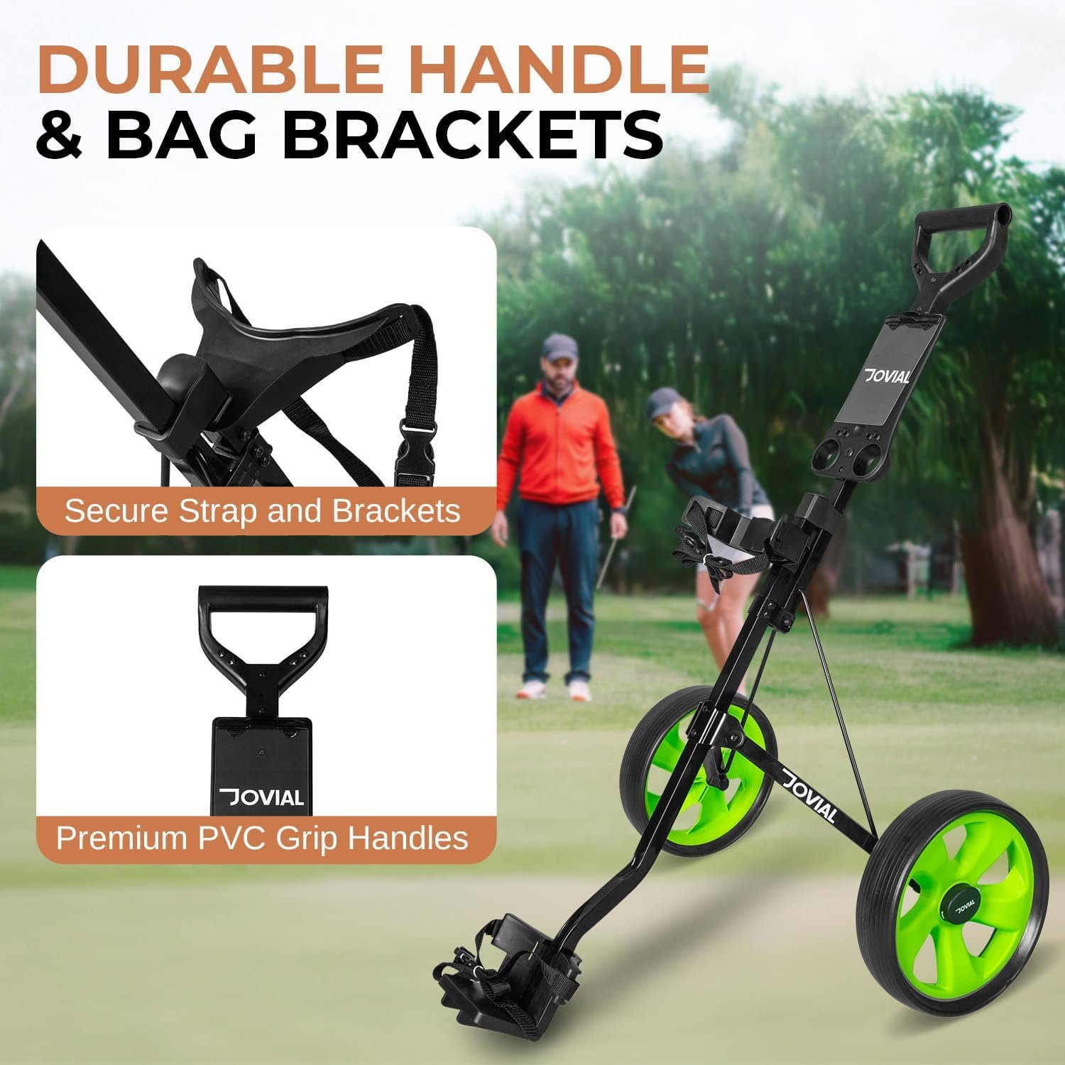 Jovial 2 Wheel Collapsible Junior Golf Cart, Upper and Lower Brackets with Elastic Strap, Simple Quick Braking System, New Deluxe Scorecard and Bag Holder, Black,Green (JOVGF52) 3 Jovial 2 Wheel Collapsible Junior Golf Cart, Upper and Lower Brackets with Elastic Strap, Simple Quick Braking System, New Deluxe Scorecard and Bag Holder, Black,Green (JOVGF52) - Image 3