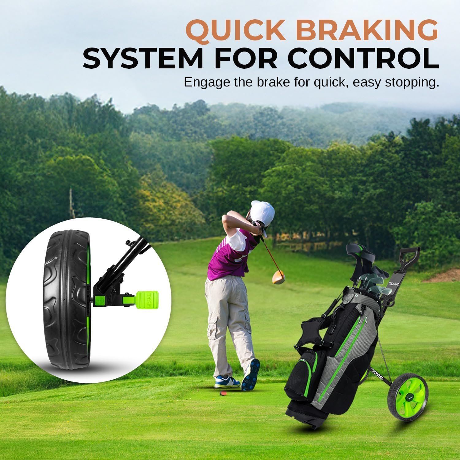 Jovial 2 Wheel Collapsible Junior Golf Cart, Upper and Lower Brackets with Elastic Strap, Simple Quick Braking System, New Deluxe Scorecard and Bag Holder, Black,Green (JOVGF52) 6 Jovial 2 Wheel Collapsible Junior Golf Cart, Upper and Lower Brackets with Elastic Strap, Simple Quick Braking System, New Deluxe Scorecard and Bag Holder, Black,Green (JOVGF52) - Image 6