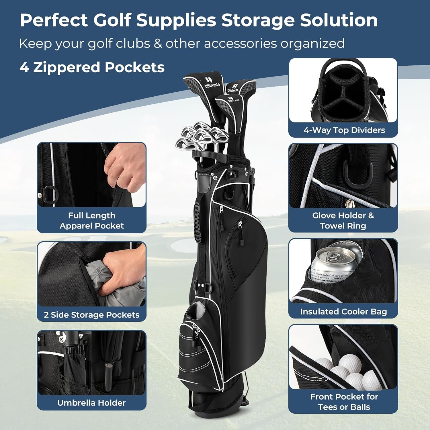 Golf Stand Bag, Portable Golf Clubs Bag w/4 Way Dividers, 4 Pockets, Adjustable Shoulder Straps, Pencil Golf Bag w/ 2 Non-Slip Stand, Lightweight Golf Bag for Men Women 4 Golf Stand Bag, Portable Golf Clubs Bag w/4 Way Dividers, 4 Pockets, Adjustable Shoulder Straps, Pencil Golf Bag w/ 2 Non-Slip Stand, Lightweight Golf Bag for Men Women - Image 4