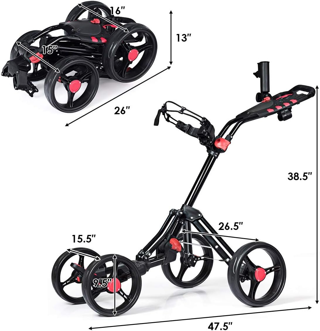 Tangkula Lightweight Aluminum Collapsible 4 Wheels Push Cart, Golf Trolley with Foot Brake, Height-Adjustable Handle 5 Tangkula Lightweight Aluminum Collapsible 4 Wheels Push Cart, Golf Trolley with Foot Brake, Height-Adjustable Handle - Image 5