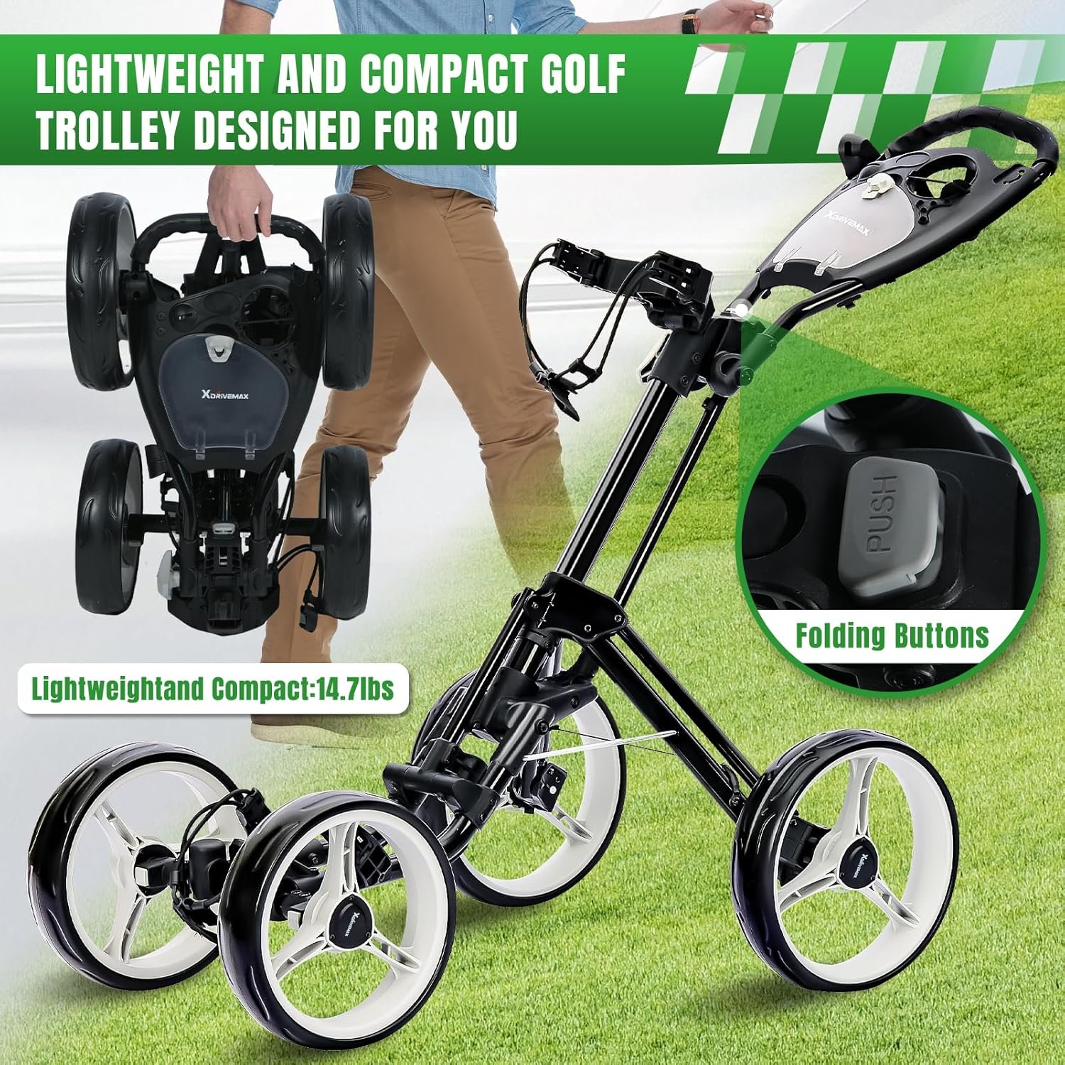 4 Wheel Golf Push Cart - Aluminum Frame Lightweight, One-Step Foldable Compact Design, Portable Golf Bag Caddy with All-Terrain Wheels 3 4 Wheel Golf Push Cart - Aluminum Frame Lightweight, One-Step Foldable Compact Design, Portable Golf Bag Caddy with All-Terrain Wheels - Image 3