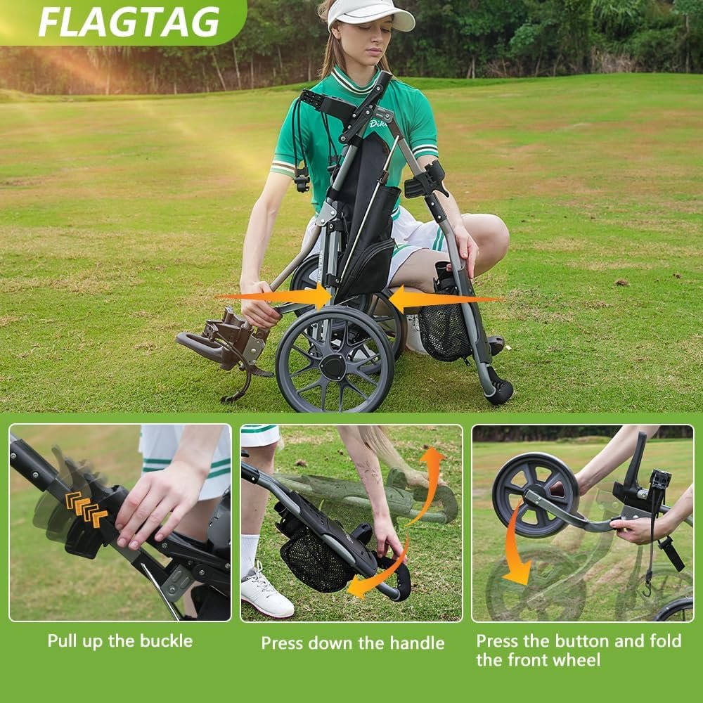 Golf Push Cart 3 Wheel, Folding Golf Cart with Foot Brake,Cooler Bag, Umbrella Holder, Cup Holder, Storage Compartment 3 Golf Push Cart 3 Wheel, Folding Golf Cart with Foot Brake,Cooler Bag, Umbrella Holder, Cup Holder, Storage Compartment - Image 3