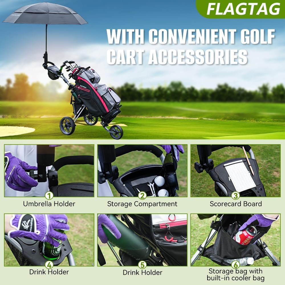Golf Push Cart 3 Wheel, Folding Golf Cart with Foot Brake,Cooler Bag, Umbrella Holder, Cup Holder, Storage Compartment 4 Golf Push Cart 3 Wheel, Folding Golf Cart with Foot Brake,Cooler Bag, Umbrella Holder, Cup Holder, Storage Compartment - Image 4