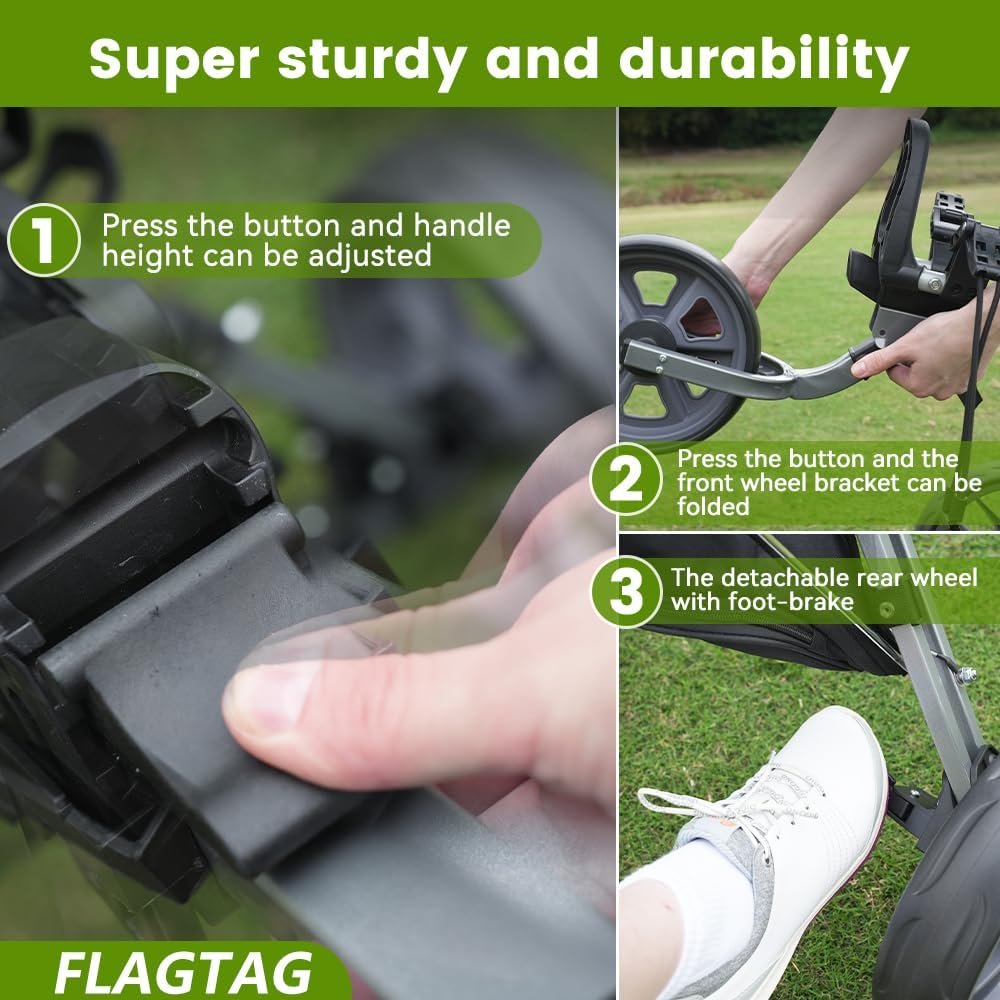 Golf Push Cart 3 Wheel, Folding Golf Cart with Foot Brake,Cooler Bag, Umbrella Holder, Cup Holder, Storage Compartment 5 Golf Push Cart 3 Wheel, Folding Golf Cart with Foot Brake,Cooler Bag, Umbrella Holder, Cup Holder, Storage Compartment - Image 5