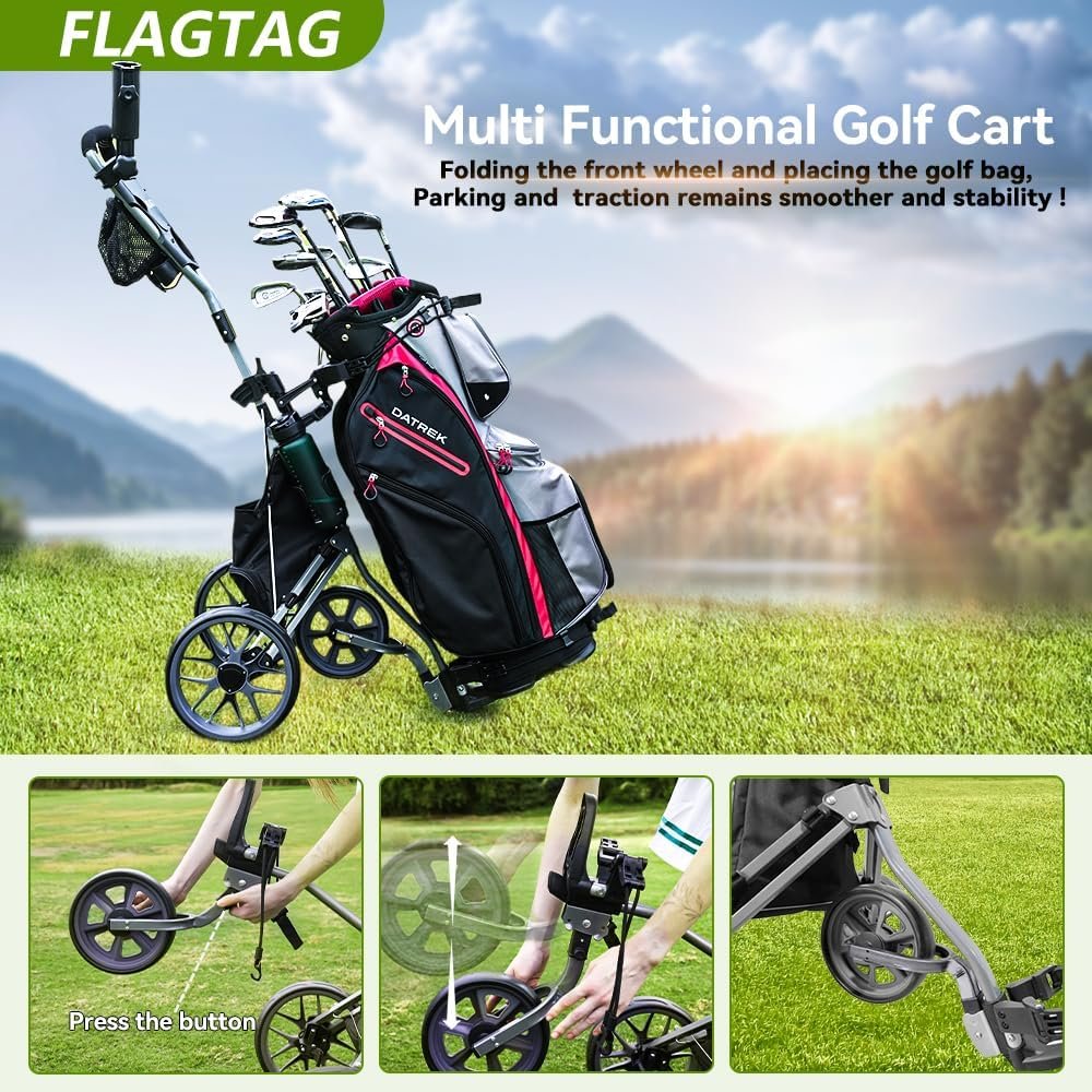 Golf Push Cart 3 Wheel, Folding Golf Cart with Foot Brake,Cooler Bag, Umbrella Holder, Cup Holder, Storage Compartment 6 Golf Push Cart 3 Wheel, Folding Golf Cart with Foot Brake,Cooler Bag, Umbrella Holder, Cup Holder, Storage Compartment - Image 6