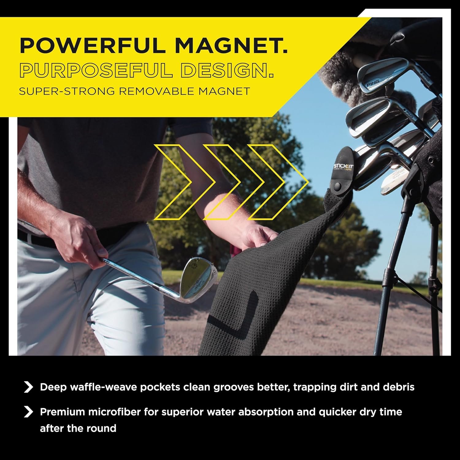 STICKIT Magnetic Towel, Black | Top-Tier Microfiber Golf Towel with Deep Waffle Pockets | Industrial Strength Magnet for Strong Hold to Golf Carts or Clubs 5 STICKIT Magnetic Towel, Black | Top-Tier Microfiber Golf Towel with Deep Waffle Pockets | Industrial Strength Magnet for Strong Hold to Golf Carts or Clubs - Image 5