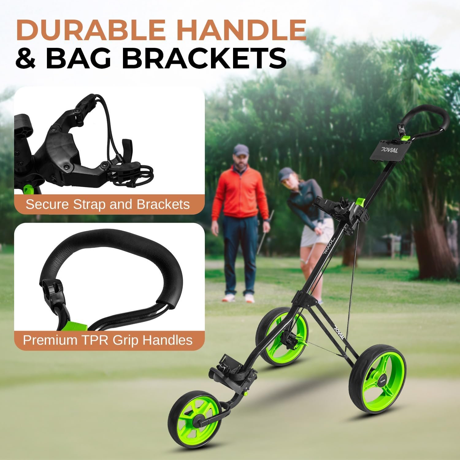 3 Wheel Golf Push Cart - Durable Steel Frame, Foot Brake, Deluxe Scorecard Holder, Patented Bag Holder, Ergonomic Adjustable Handle, Compact Folding Design, Extra Space for Gear Storage 3 3 Wheel Golf Push Cart - Durable Steel Frame, Foot Brake, Deluxe Scorecard Holder, Patented Bag Holder, Ergonomic Adjustable Handle, Compact Folding Design, Extra Space for Gear Storage - Image 3