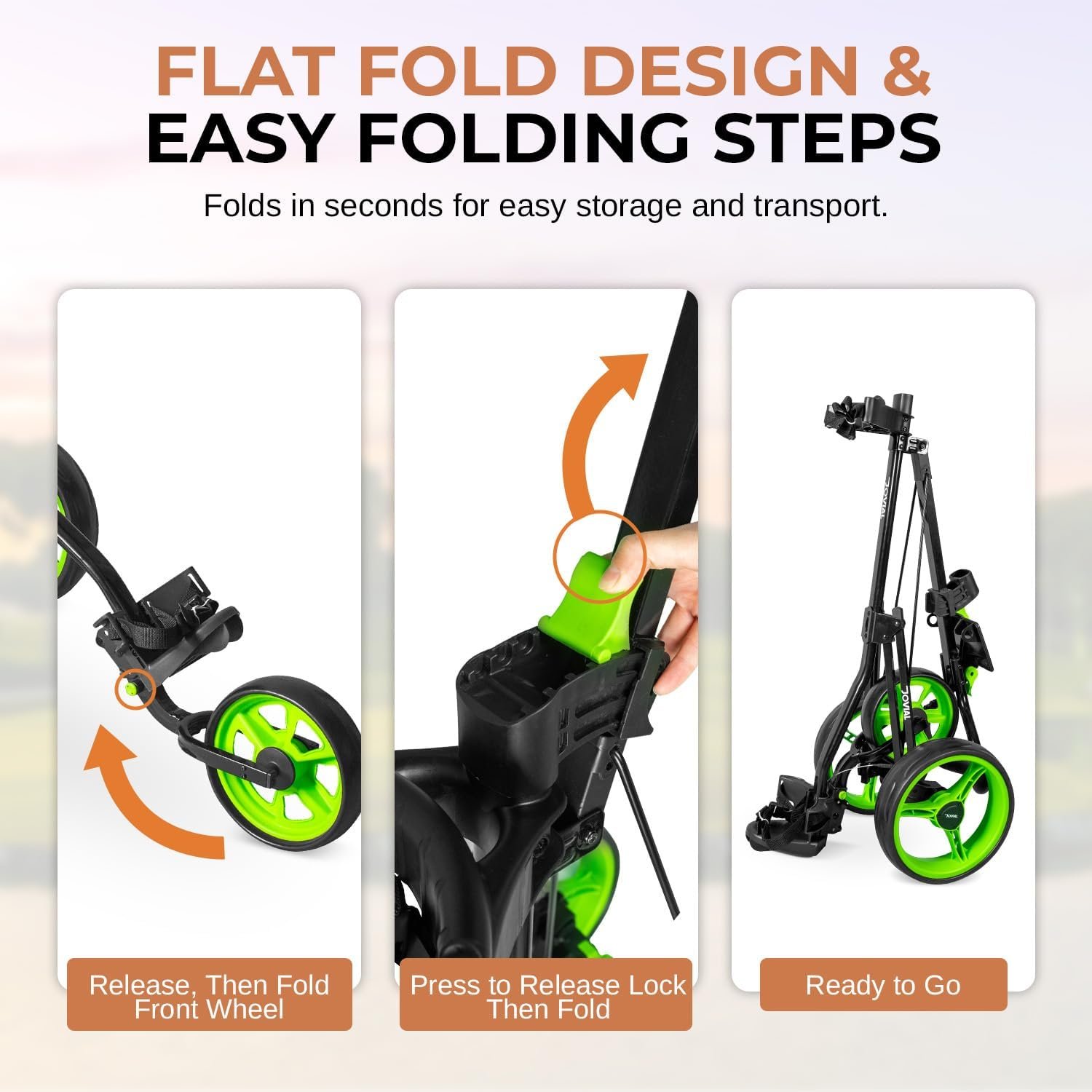 3 Wheel Golf Push Cart - Durable Steel Frame, Foot Brake, Deluxe Scorecard Holder, Patented Bag Holder, Ergonomic Adjustable Handle, Compact Folding Design, Extra Space for Gear Storage 4 3 Wheel Golf Push Cart - Durable Steel Frame, Foot Brake, Deluxe Scorecard Holder, Patented Bag Holder, Ergonomic Adjustable Handle, Compact Folding Design, Extra Space for Gear Storage - Image 4