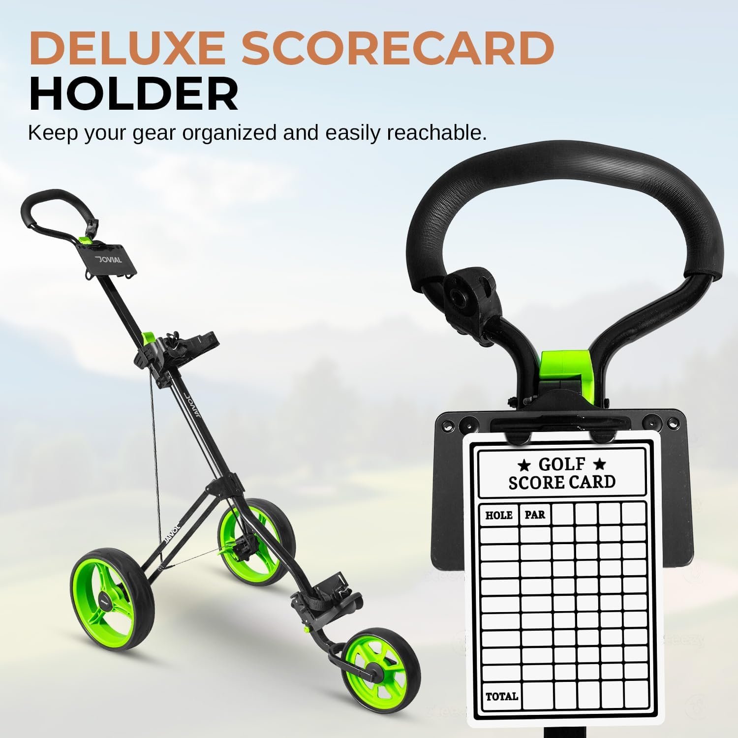 3 Wheel Golf Push Cart - Durable Steel Frame, Foot Brake, Deluxe Scorecard Holder, Patented Bag Holder, Ergonomic Adjustable Handle, Compact Folding Design, Extra Space for Gear Storage 5 3 Wheel Golf Push Cart - Durable Steel Frame, Foot Brake, Deluxe Scorecard Holder, Patented Bag Holder, Ergonomic Adjustable Handle, Compact Folding Design, Extra Space for Gear Storage - Image 5