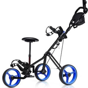 MEDIMALL Mayjooy 3 Wheel Golf Push Cart, Folding Golf Trolley w/Removable Stool, Adjustable Handle & Umbrella Holder, Lightweight Golf Push Cart w/Foot Brake, Cup Holder & Scoreboard Bag (Navy)