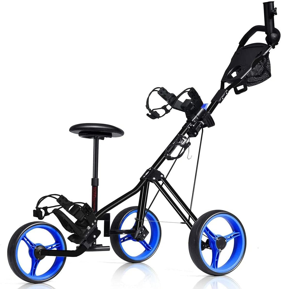 MEDIMALL Mayjooy 3 Wheel Golf Push Cart, Folding Golf Trolley w/Removable Stool, Adjustable Handle & Umbrella Holder, Lightweight Golf Push Cart w/Foot Brake, Cup Holder & Scoreboard Bag (Navy) 1 MEDIMALL Mayjooy 3 Wheel Golf Push Cart, Folding Golf Trolley w/Removable Stool, Adjustable Handle & Umbrella Holder, Lightweight Golf Push Cart w/Foot Brake, Cup Holder & Scoreboard Bag (Navy)