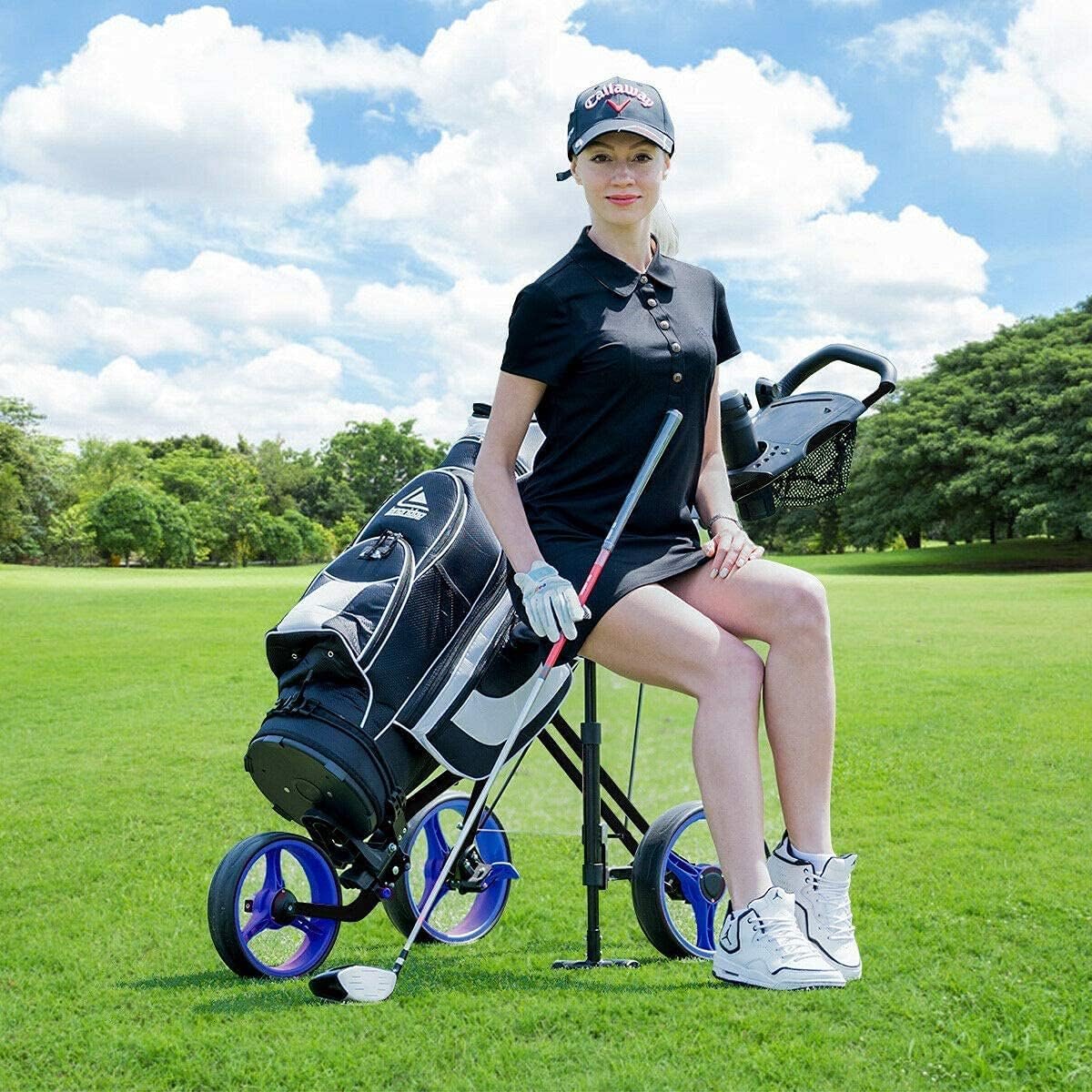 MEDIMALL Mayjooy 3 Wheel Golf Push Cart, Folding Golf Trolley w/Removable Stool, Adjustable Handle & Umbrella Holder, Lightweight Golf Push Cart w/Foot Brake, Cup Holder & Scoreboard Bag (Navy) 3 MEDIMALL Mayjooy 3 Wheel Golf Push Cart, Folding Golf Trolley w/Removable Stool, Adjustable Handle & Umbrella Holder, Lightweight Golf Push Cart w/Foot Brake, Cup Holder & Scoreboard Bag (Navy) - Image 3