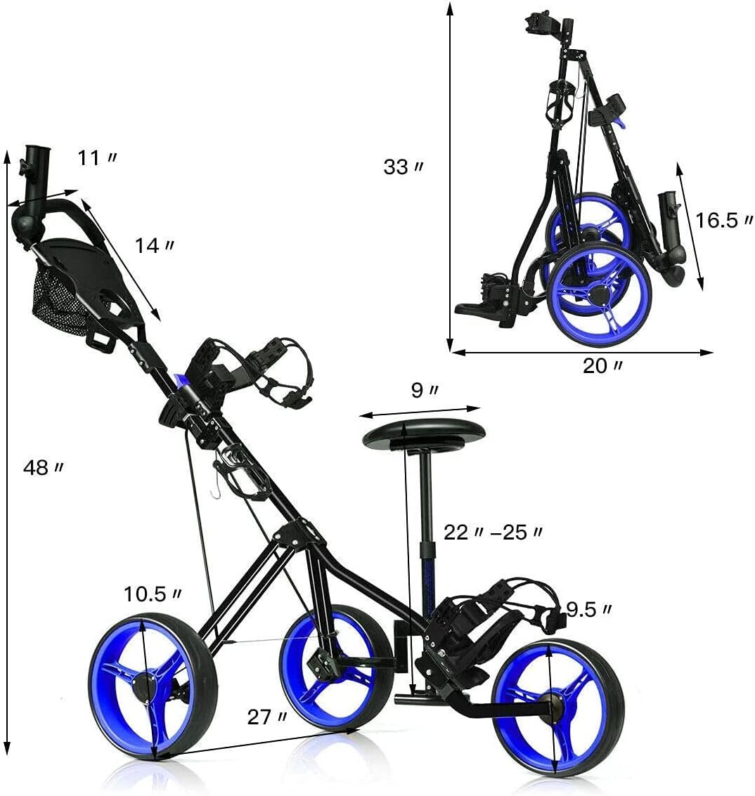 MEDIMALL Mayjooy 3 Wheel Golf Push Cart, Folding Golf Trolley w/Removable Stool, Adjustable Handle & Umbrella Holder, Lightweight Golf Push Cart w/Foot Brake, Cup Holder & Scoreboard Bag (Navy) 5 MEDIMALL Mayjooy 3 Wheel Golf Push Cart, Folding Golf Trolley w/Removable Stool, Adjustable Handle & Umbrella Holder, Lightweight Golf Push Cart w/Foot Brake, Cup Holder & Scoreboard Bag (Navy) - Image 5