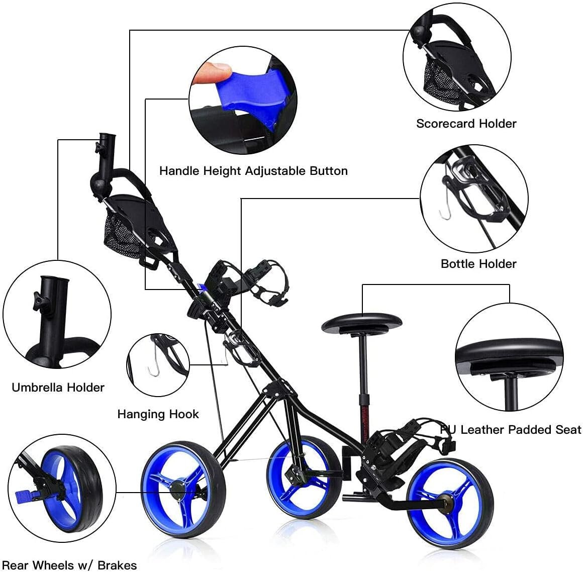 MEDIMALL Mayjooy 3 Wheel Golf Push Cart, Folding Golf Trolley w/Removable Stool, Adjustable Handle & Umbrella Holder, Lightweight Golf Push Cart w/Foot Brake, Cup Holder & Scoreboard Bag (Navy) 6 MEDIMALL Mayjooy 3 Wheel Golf Push Cart, Folding Golf Trolley w/Removable Stool, Adjustable Handle & Umbrella Holder, Lightweight Golf Push Cart w/Foot Brake, Cup Holder & Scoreboard Bag (Navy) - Image 6