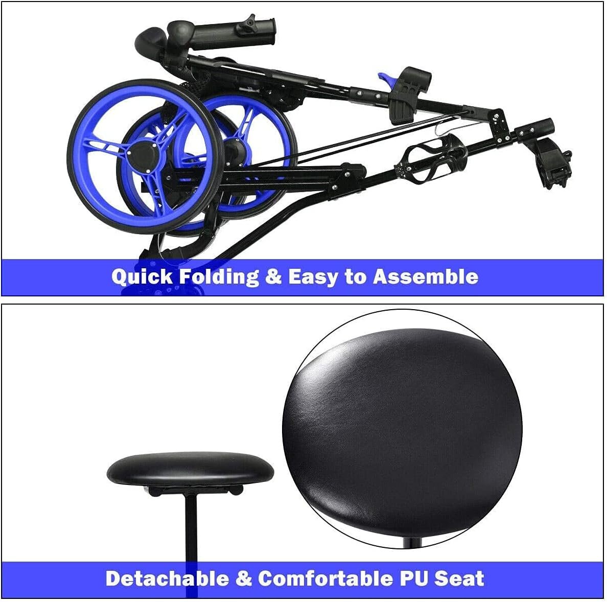 MEDIMALL Mayjooy 3 Wheel Golf Push Cart, Folding Golf Trolley w/Removable Stool, Adjustable Handle & Umbrella Holder, Lightweight Golf Push Cart w/Foot Brake, Cup Holder & Scoreboard Bag (Navy) 9 MEDIMALL Mayjooy 3 Wheel Golf Push Cart, Folding Golf Trolley w/Removable Stool, Adjustable Handle & Umbrella Holder, Lightweight Golf Push Cart w/Foot Brake, Cup Holder & Scoreboard Bag (Navy) - Image 9