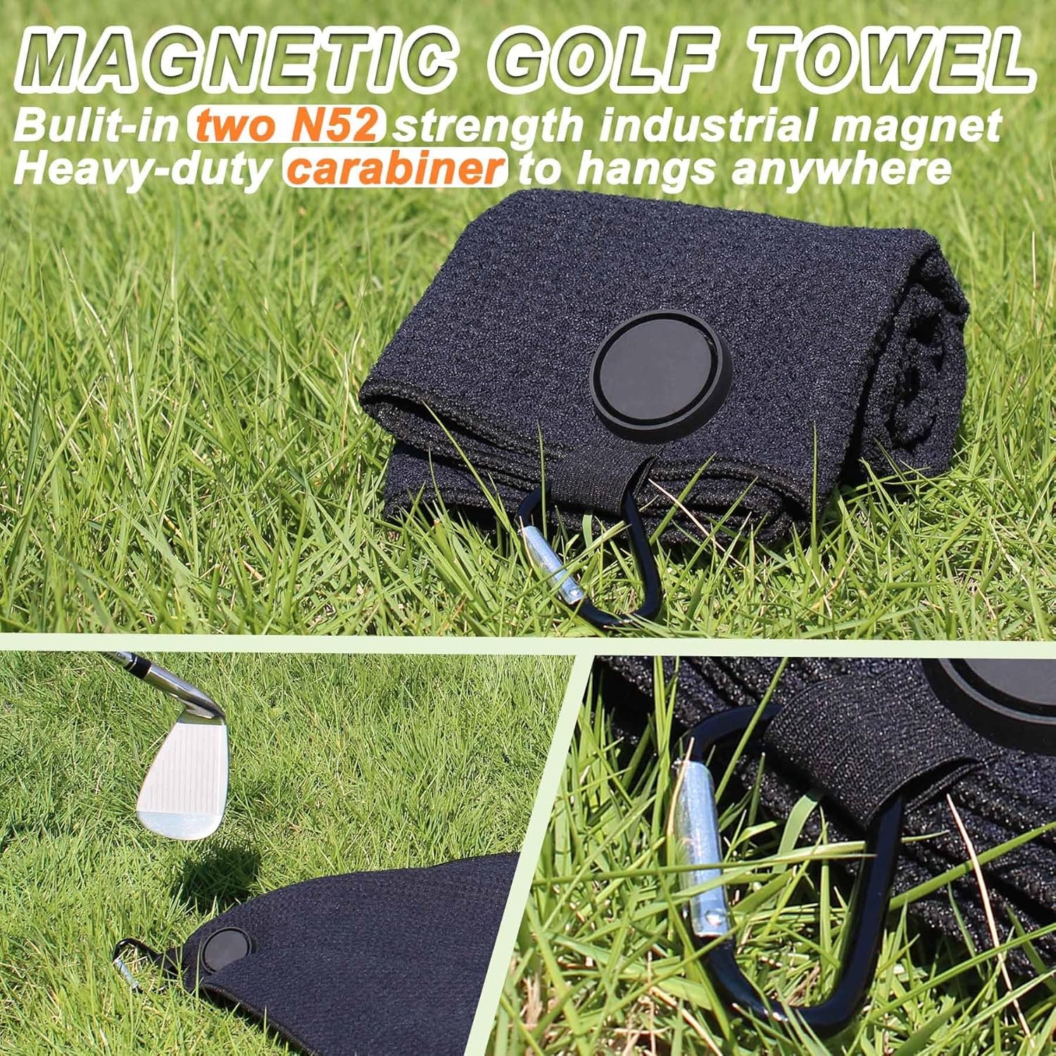 Magnetic Golf Towel-Max N52 Industrial Magnet with Rubber Cover and Carabiner, Top-Level Microfiber, Strong Hold to Golf Carts or Clubs, 24x16inch Lager Size, Functional and Durable&Black 3 Magnetic Golf Towel-Max N52 Industrial Magnet with Rubber Cover and Carabiner, Top-Level Microfiber, Strong Hold to Golf Carts or Clubs, 24x16inch Lager Size, Functional and Durable&Black - Image 3