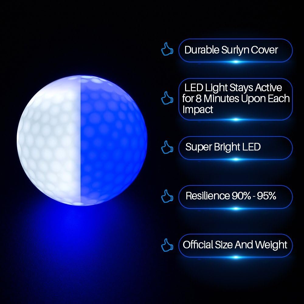 LED Light up Golf Balls, Glow in The Dark Night Golf Balls - Multi Colors of Blue, Orange, Red, White, Green, Pink - Pack of 6 4 LED Light up Golf Balls, Glow in The Dark Night Golf Balls - Multi Colors of Blue, Orange, Red, White, Green, Pink - Pack of 6 - Image 4