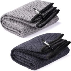 2 Pack 16" x 24" Tri-fold Golf Towel Set, Microfiber Fabric Waffle Pattern Towels, Heavy Duty Carabiner Clip (2 Pcs, 2 Colors)