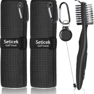 2 Pack Golf Towel (16" X 16") with Golf Club Brush, Microfiber Waffle Pattern Golf Towels for Golf Bags for Men,Essential Golf Combo Cleaning Kit (Black)