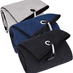 3 Pack Large Golf Towels, 16" x 24" Tri-Fold Portable Microfiber Fabric Waffle Pattern Golf Towel for Golf Bag with Carabiner Clip to Quickly Remove Sand, Mud, Dirt and Sweat