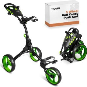 3 Wheel Golf Push Cart - Lightweight Aluminum Frame, Ergonomic Handle, Deluxe Scorecard Holder, Easy Folding and Unfolding, Foot Brake, Patented Bag Holder, Ample Storage for Gear