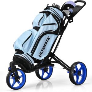 3 Wheels Professional Golf Push Cart, Foldable Walking Golf Cart W/Universal Front Wheel & Adjustable Handle, Scoreboard Included, Lightweight Portable Golf Trolley for Caddy, Clubs