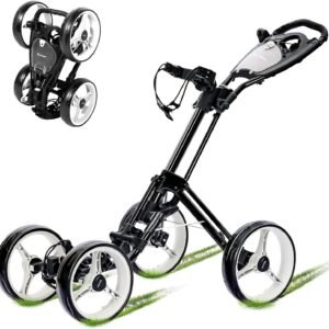 4 Wheel Golf Push Cart - Aluminum Frame Lightweight, One-Step Foldable Compact Design, Portable Golf Bag Caddy with All-Terrain Wheels