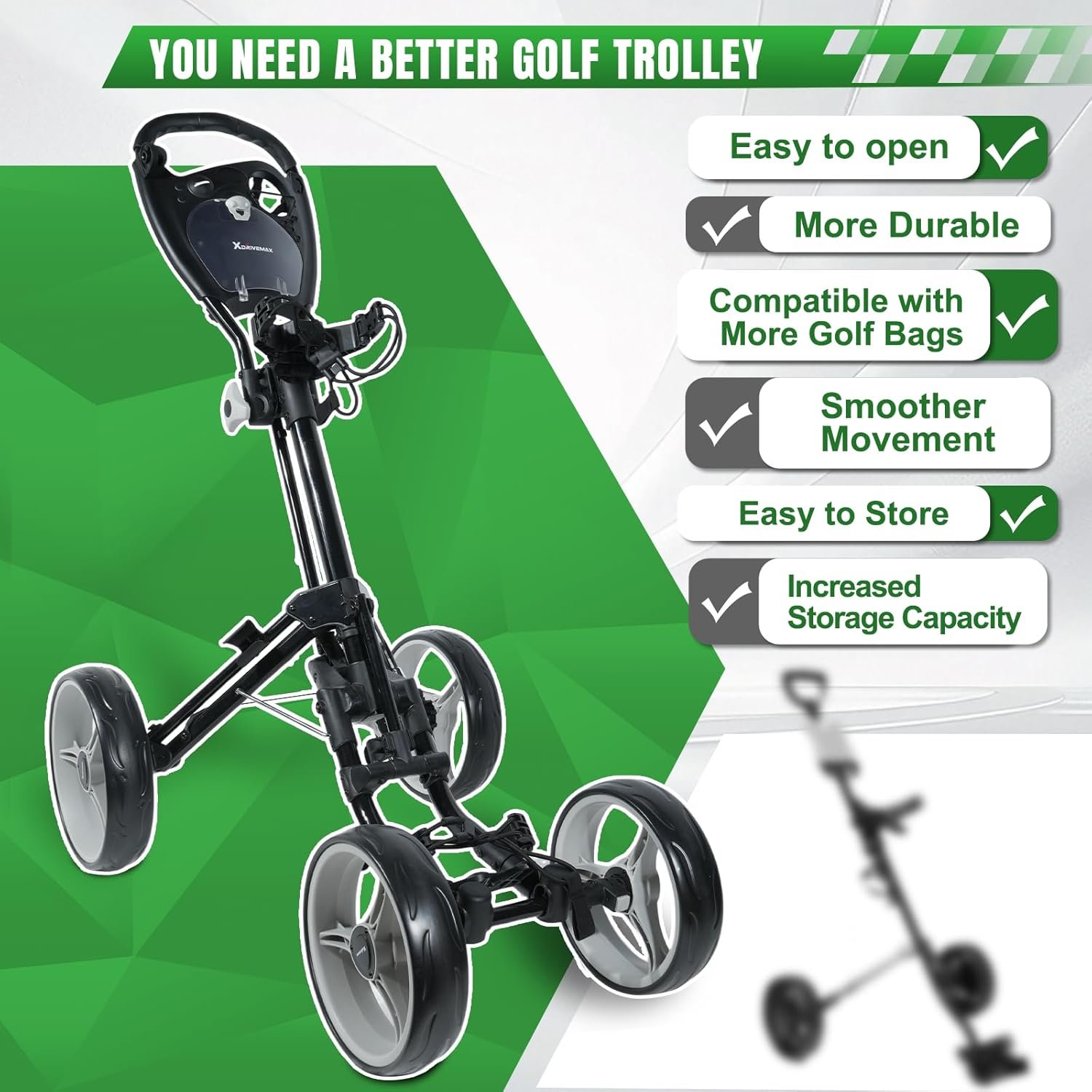 4 Wheel Golf Push Cart - Aluminum Frame Lightweight, One-Step Foldable Compact Design, Portable Golf Bag Caddy with All-Terrain Wheels 2 4 Wheel Golf Push Cart - Aluminum Frame Lightweight, One-Step Foldable Compact Design, Portable Golf Bag Caddy with All-Terrain Wheels - Image 2