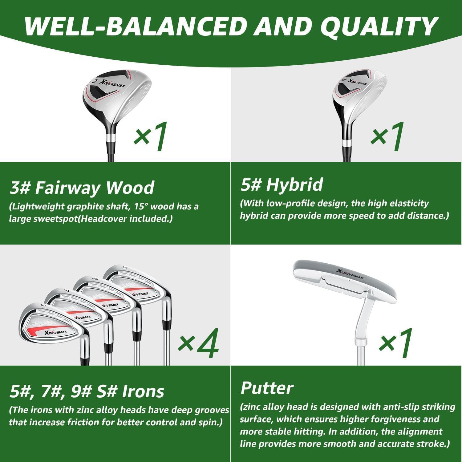 8 Pieces Complete Unisex Golf Club Set Right/Left Hand for Men Women Includes Stand Bag with Rain Hood, 3# Fairway Wood with Head Covers, 5# Hybrid, 5#, 7#, 9# S# Irons and Putter 2 8 Pieces Complete Unisex Golf Club Set Right/Left Hand for Men Women Includes Stand Bag with Rain Hood, 3# Fairway Wood with Head Covers, 5# Hybrid, 5#, 7#, 9# S# Irons and Putter - Image 2