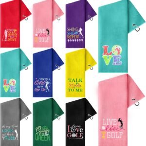 9 Pcs Golf Towel Bulk 24 x 16 Inches Microfiber Waffle Towel with Clip Tri Fold Portable Rag Accessories for Golf Bag Mini Tournament Club Yoga Fitness Remove Sand Mud Dirt Sweat(Classic)