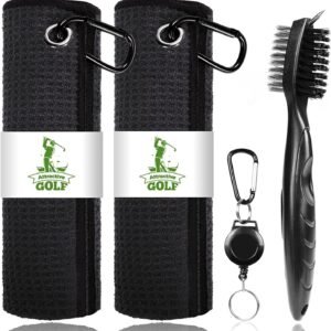 ATTRACTIVE Golf Towels, Microfiber Waffle Pattern Towels - Golf Club Brush with Cleaning (2 Black Towel+Black Brush)